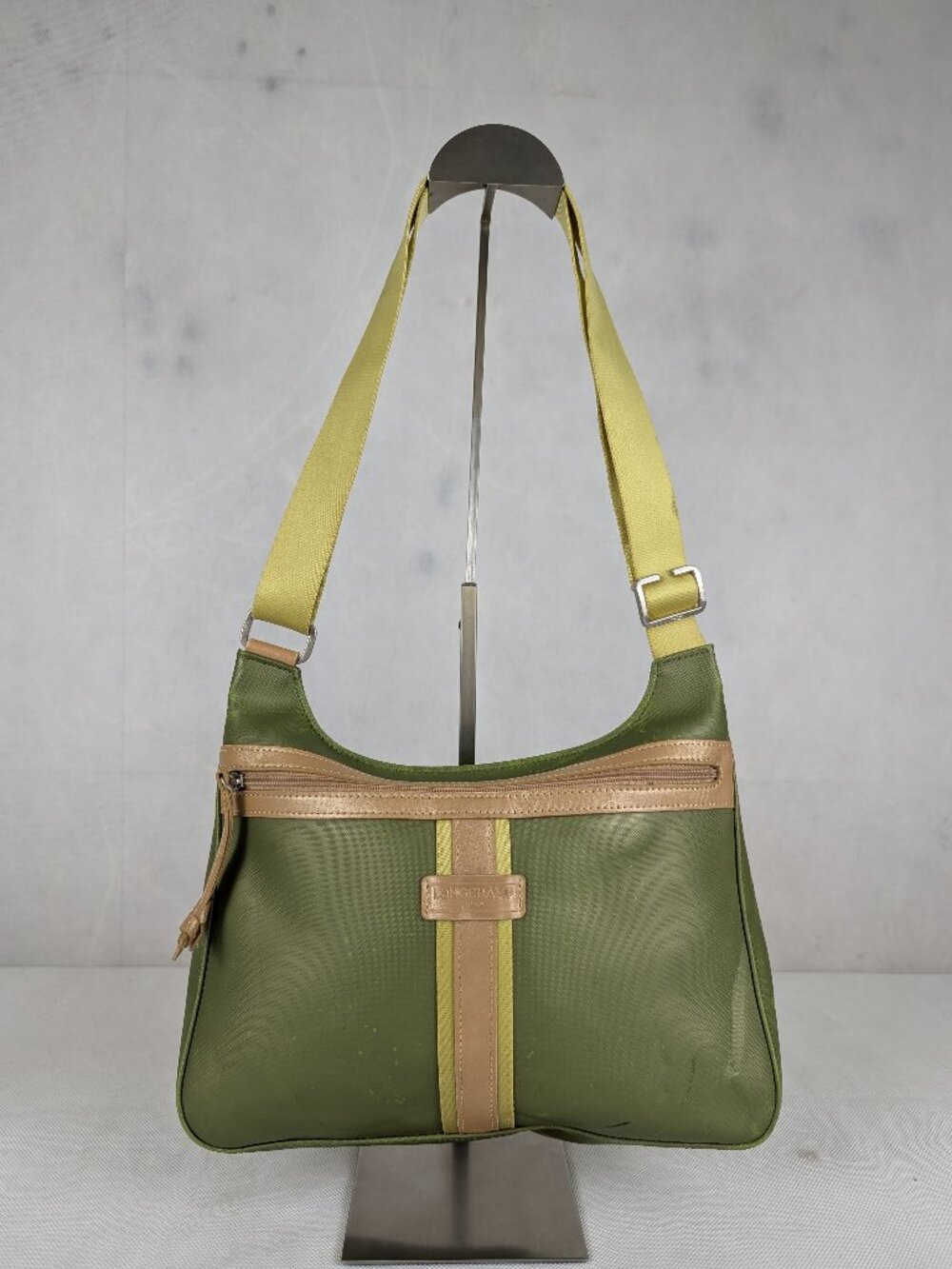 Longchamp Le Pliage Nylon Leather Crossbody Shoulder Bag Green Made in Tunisia.